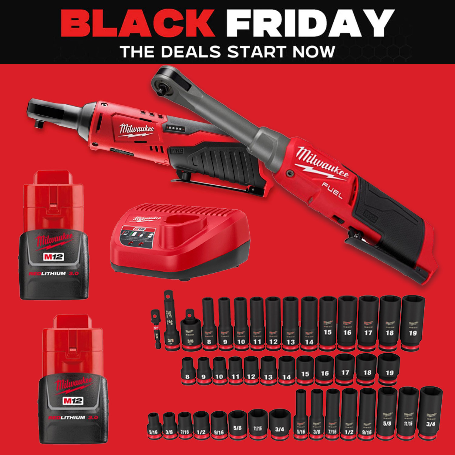 Zestaw: grzechotka wysokoobrotowa Milwaukee M12 FHIR14-0 (4933478171) + zestaw nasadek 8 mm – 19 mm